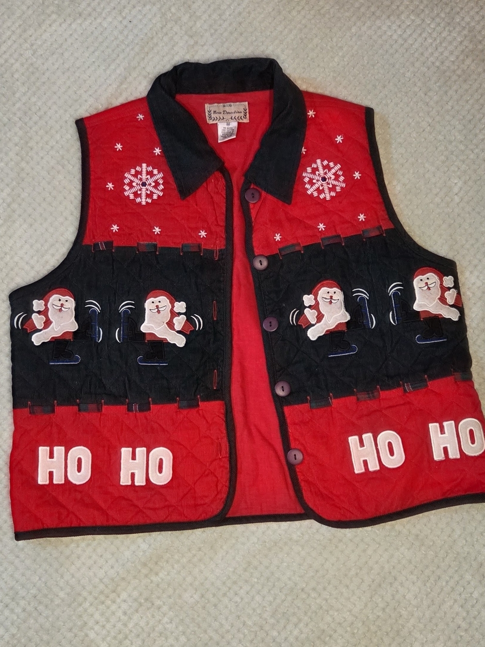 New Directions Women's Red & Green Quilted Santa Vest Ho Ho Christmas Ugly Vest